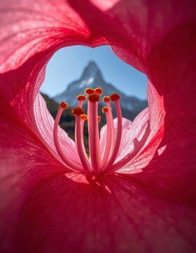 Dramatic internal perspective macro photograph looking through a pink hibiscus flower frame at Matterhorn mountain