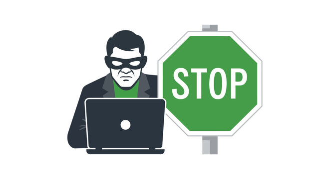 Cybersecurity Concept Vector Illustration of a Hacker Using a Laptop with a Green Stop Sign for Data Protection, Privacy, and Online Safety
