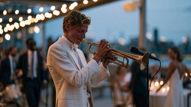 Live jazz band performs during a rooftop wedding reception at blue hour, trumpet player leaning into a microphone, guests in formal wear swaying at round tables while city skyline
