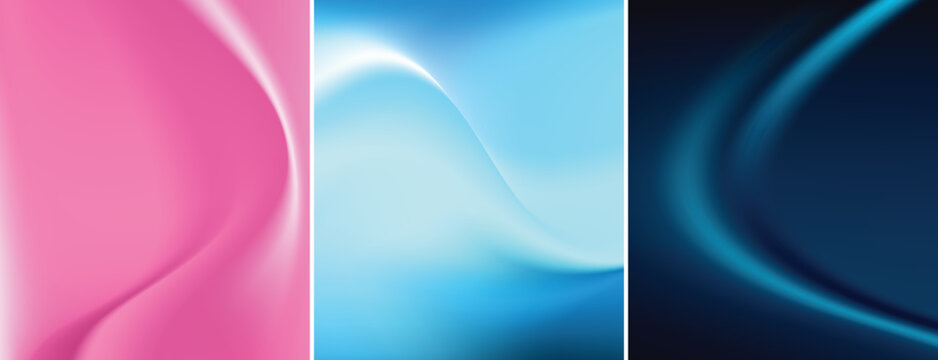 Abstract square backgrounds set featuring fluid gradient mesh waves and blending mode effects in vibrant pink, bright cyan, and deep dark blue.