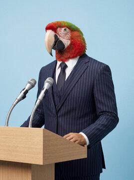Speaker in politics or business represented as a parrot  in blue suit behind lectern. AI generated.