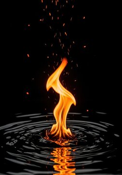 Intense orange flames erupting from a pool of thick black ink, creating a stark contrast against a deep obsidian background with embers, atmosphere, darkness, void