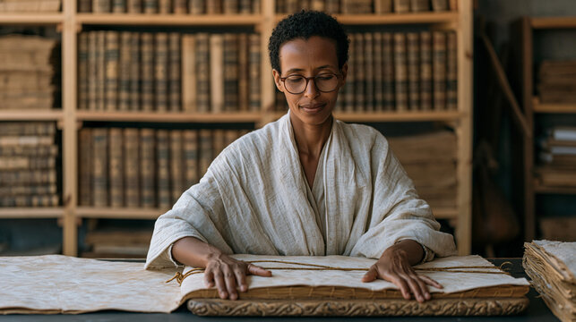 Ethiopian bookbinder in an Addis Ababa studio wraps a hand-sewn text block in dampened goat leather, pressing the spine onto a carved wooden jig and tying it firmly with waxed