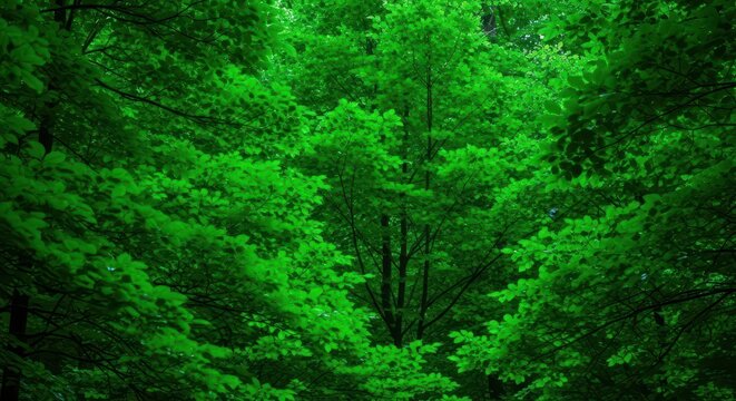 Lush, vibrant emerald leaves and deep forest canopy showcasing the saturation and density of life during maximum growth and summertime, emerald, dense, maximum
