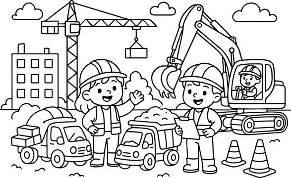 Baustellen-Cartoon-Umriss, handgezeichnete Strichzeichnung, Illustration, Doodle-Kunst, Malvorlage f&uuml;r Kinder