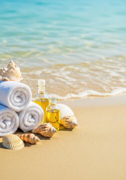 Relaxing spa arrangement featuring white rolled towels, organic shells, and oil bottles set on a sandy beach with gentle turquoise waves, serene, summer, atmosphere