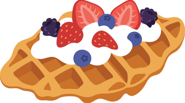 Flat vector illustration of a Croissant bakery icon with strawberries blueberries and whipped cream on top
