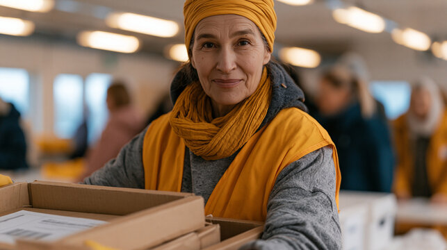 Sami volunteer coordinator in a bright vest unpacks supply crates in a school gymnasium converted to an orientation center, sign-in tables staffed by multilingual volunteers,