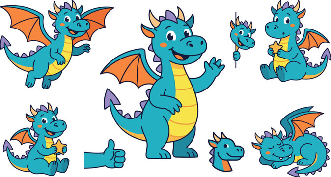 Cute blue dragon vector character set featuring friendly cartoon mythical creature icons flying sleeping peeking and holding stars isolated on white background