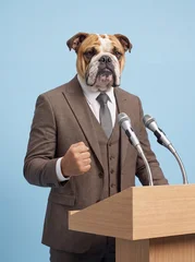 Speaker, politician or executive, represented as a Bulldog in brown suit behind lectern, gesturing with a fist. AI generated. © eyewave