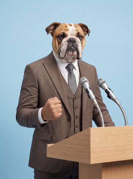 Speaker, politician or executive, represented as a Bulldog in brown suit behind lectern, gesturing with a fist. AI generated.