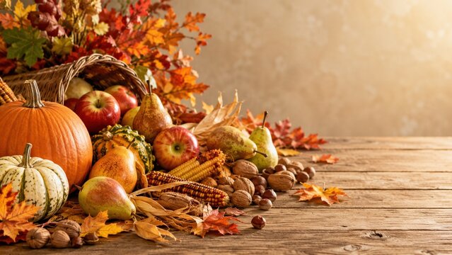 A Beautiful Autumn Harvest Display Featuring Pumpkins, Apples, Pears, Nuts, and Vibrant Fall Leaves Set Against a Rustic Wooden Background