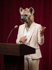 Speaker, politician or saleswoman, represented as a Hyena in beige suit behind lectern, gesturing. AI generated. © eyewave
