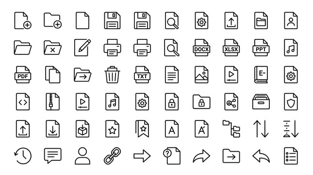Minimalist document and folder line icons, 60 file management vector symbols, clean black outline office interface elements for web and app design