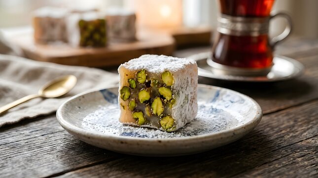 Turkish delight cube with pistachio nuts on ceramic plate.