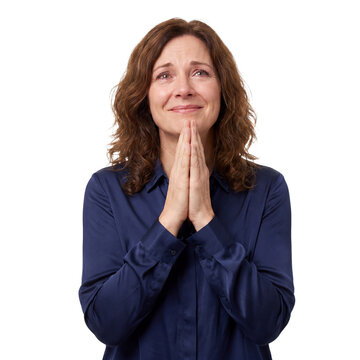Woman pleading transparent background hopeful prayer emotional begging desperate appeal showing a tearful mature adult clasping her hands and looking upward for requests for help apology messages