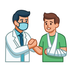 Fototapeta premium Doctor Helping Injured Patient Vector Illustration Physician and Man with Broken Arm in Slings Graphic