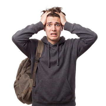 Student panicked transparent background stressed anxious overwhelmed backpack worried university showing an adult gripping his hair for exam pressure missed deadlines overload and campus counseling