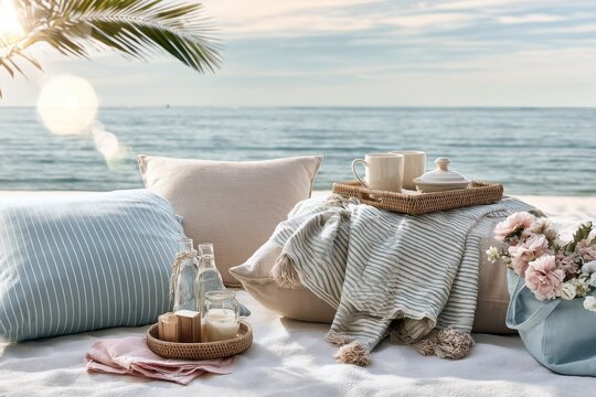 Romantic beach picnic setup. Ideal for luxury travel imagery.