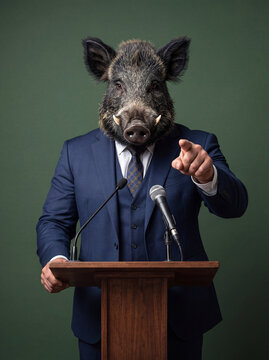 Speaker, politician or company representative, represented as a wild boar in blue suit behind lectern, pointing to the public. AI generated.