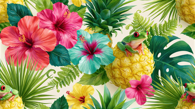 cute tropical frog and pineapple seamless jungle pattern
