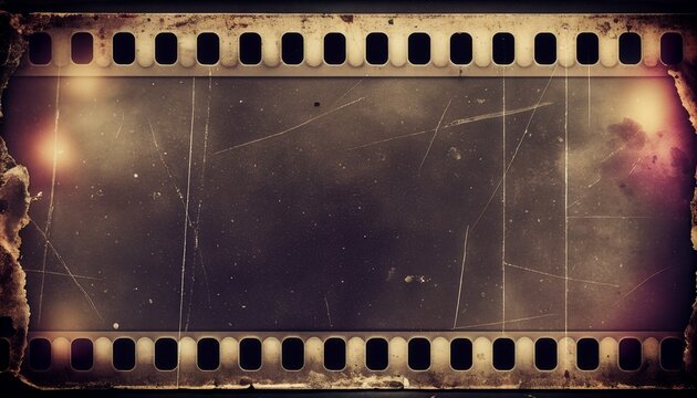 Deteriorated dark film strip frame reveals scratched grainy emulsion, dust spots, and warm orange light leak glow.
