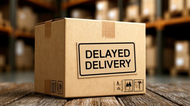Cardboard box with delayed delivery label in warehouse