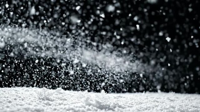 Close-Up of Snow Falling and Blowing in Cold Winter Weather.