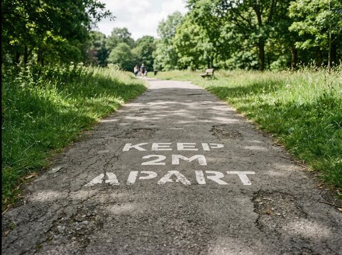 Asphalt path with white text 'KEEP 2M APART', signifying social distancing measures in a green park setting, a concept of safety and public health guidance.