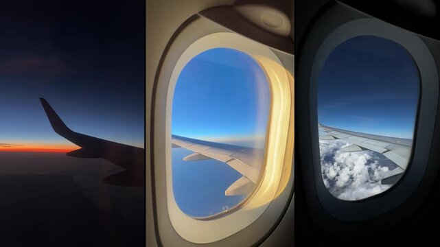 Split screen airplane window view: clouds and wing on left, sunset horizon on right, flight travel.