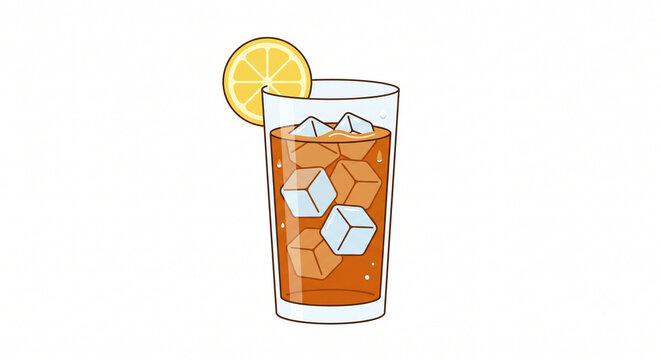 Iced tea with lemon and ice, flat vector illustration, isolated on white