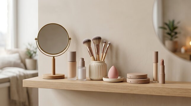 Cosmetic makeup brushes and mirror with skincare products on a wooden table in a bright room. beginner makeup guide
