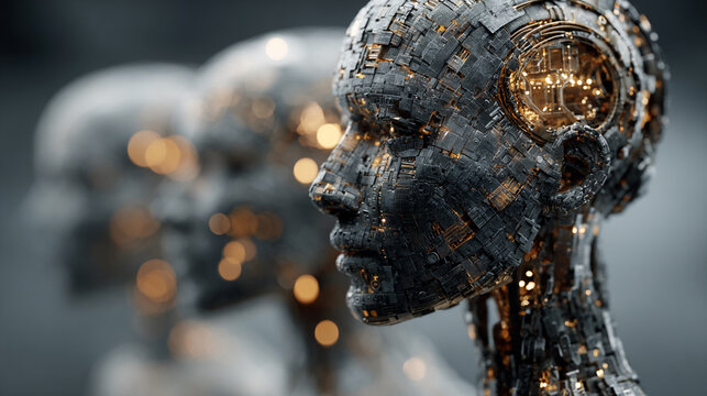 Artificial intelligence robot heads. Futuristic android cyborgs representing digital technology.