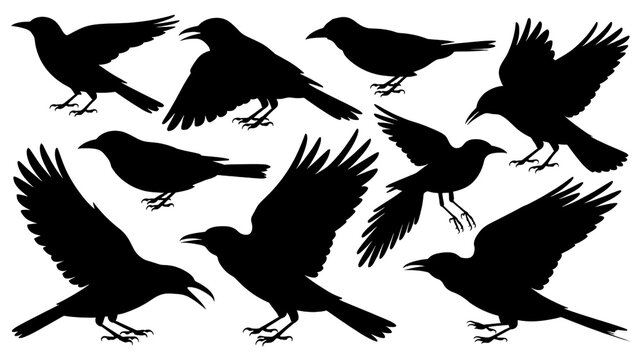 A flock of black silhouettes of birds in flight and standing on ground