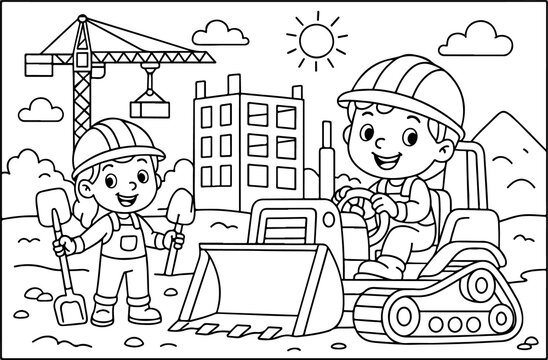 Obra en construcci&oacute;n, ilustraci&oacute;n vectorial dibujada a mano para colorear para ni&ntilde;os, arte lineal