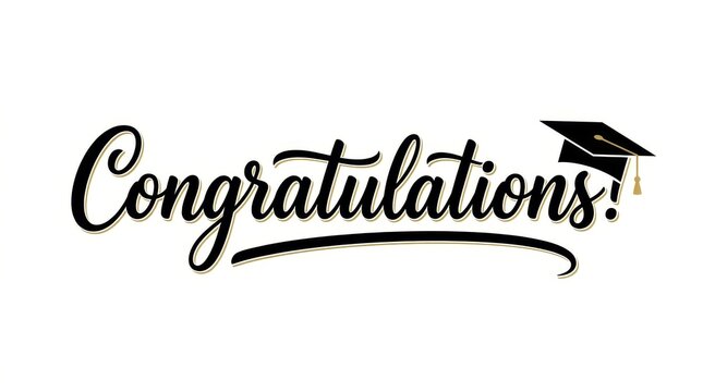 Stylish 'Congratulations' script font with graduation cap graphic in black and gold. Perfect for celebratory occasions.