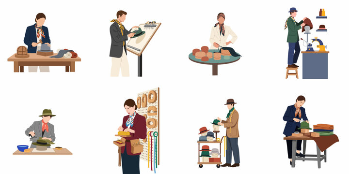 Flat vector illustration set of professional milliners and hatters working in a studio, designing, sewing, and shaping various stylish hats.
