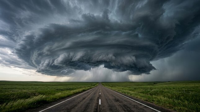 Massive swirling storm clouds loom over an empty road in open countryside.