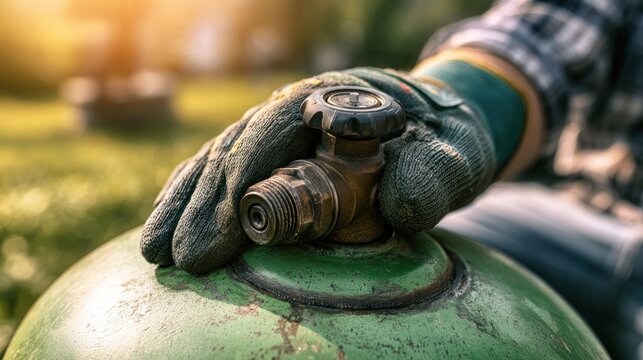 Hand wearing glove turning valve on gas cylinder