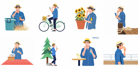 Fototapeta premium Vector illustration set of a man applying sunscreen in different summer outdoor settings like cycling, gardening, and at a picnic.