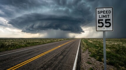 Obraz premium A vast storm forms above an empty road, with a speed limit sign and moody clouds, creating a dramatic scene.