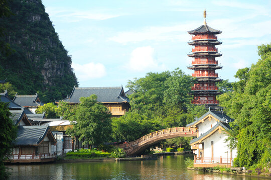 Chinese Pagoda Nestled in Diecai Hill in Guilin, China