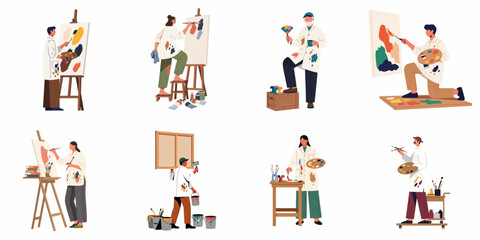 A diverse collection of illustrated artists in paint-splattered coats engaged in various creative painting activities with easels, canvases, and palettes.