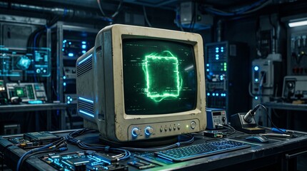 Fototapeta premium Retro Vintage CRT Monitor with Glowing Green Screen in a Dark Cyberpunk Laboratory Workshop