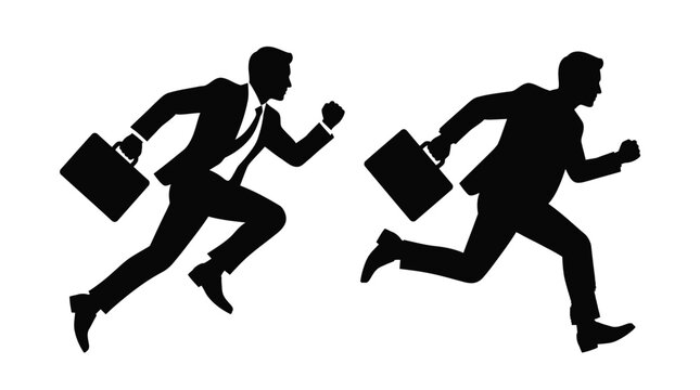 Two professional businessmen in suits running quickly while carrying briefcases on a plain white background