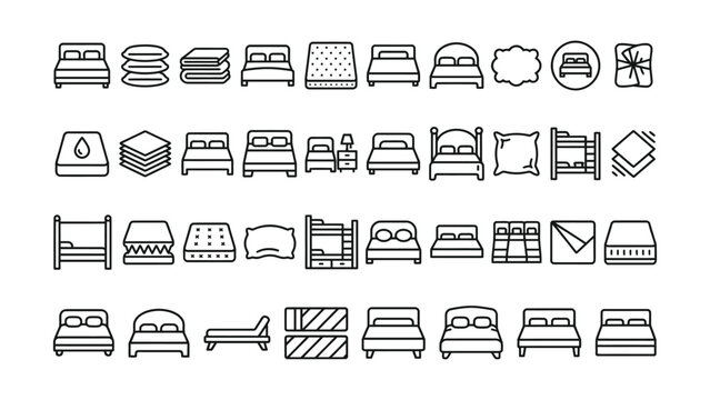 Simple line icons of various beds and bedding for design