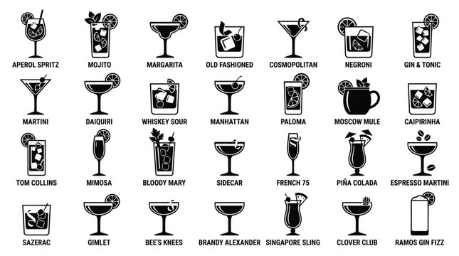 Set of black and white cocktail icons featuring various popular alcoholic drinks and mixed beverages