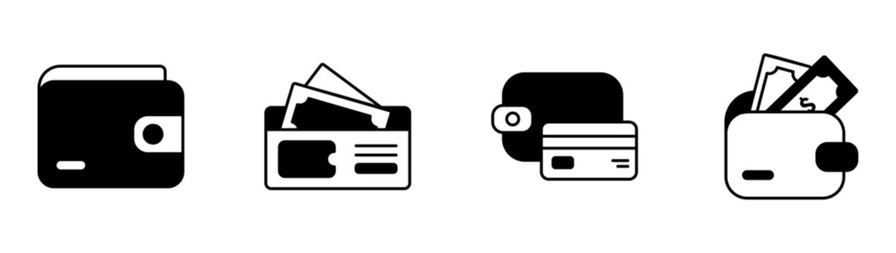 Budget tracking wallet icon collection set. Open closed banknote credit card spending payment personal finance purse money sign vector