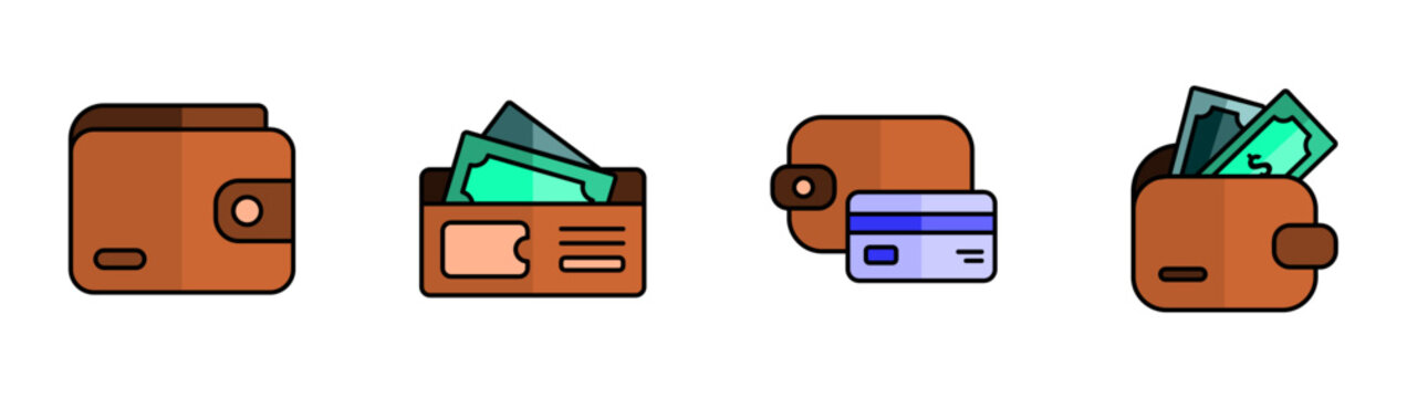 Payment method wallet icon collection set. Open closed cash bills credit card spending personal finance budget money purse sign vector