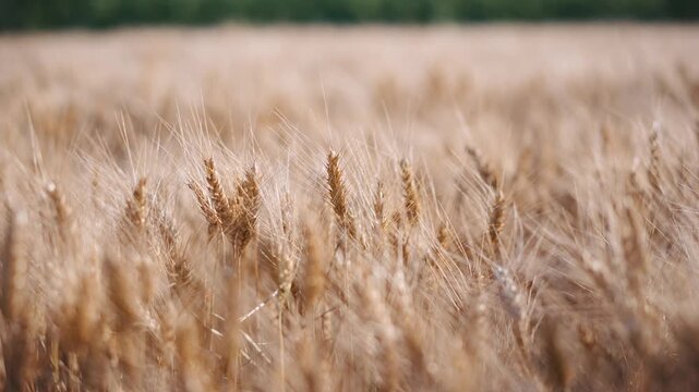 Close-up of ripe wheat ears gently swaying in the wind across a golden grain field, capturing the beauty of the summer harvest and peaceful rural landscape.